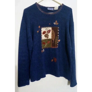 Erika & Co. Vintage Sweater Fall Leaves Theme Blue Pullover Size Large